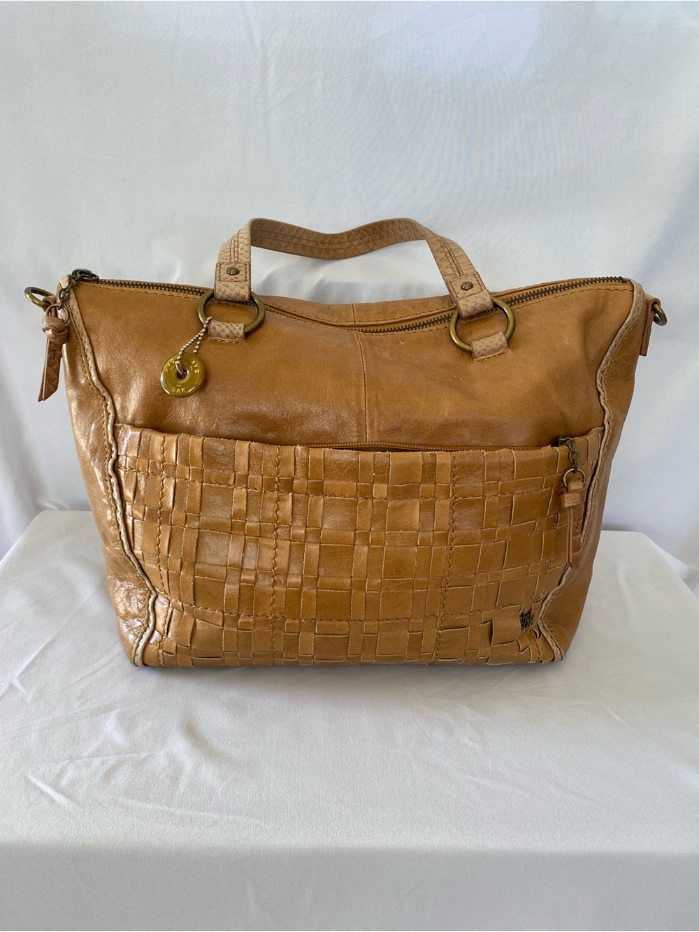 The Sak Tan Woven Leather Tote with Front Pocket